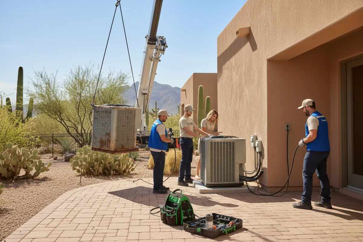 Old air conditioning unit being removed for replacement