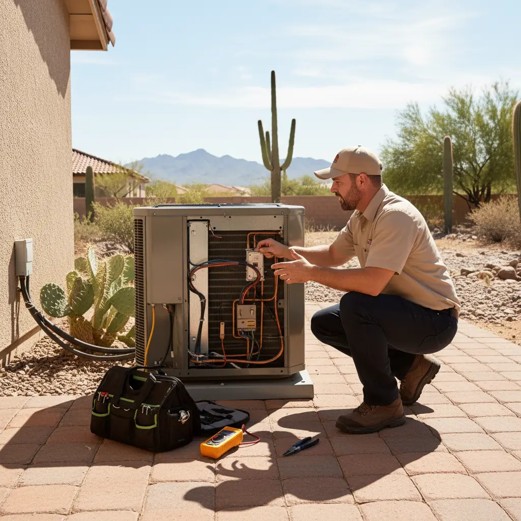 Technician testing the wiring of an outdoor AC condenser
