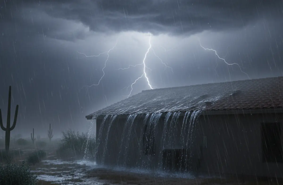 Monsoon lightning and heavy rain over a desert home