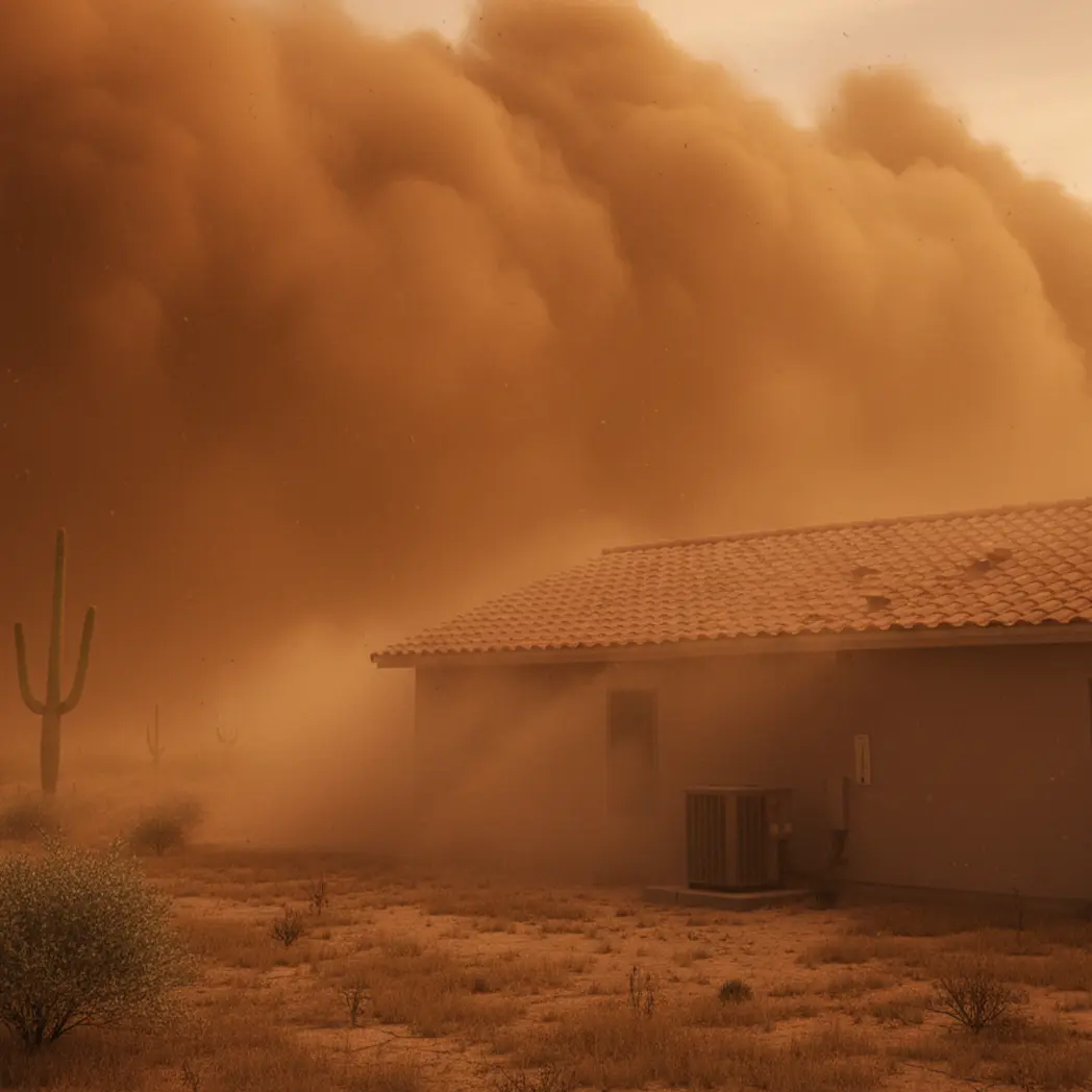 Haboob dust storm rolling over a home and its AC unit
