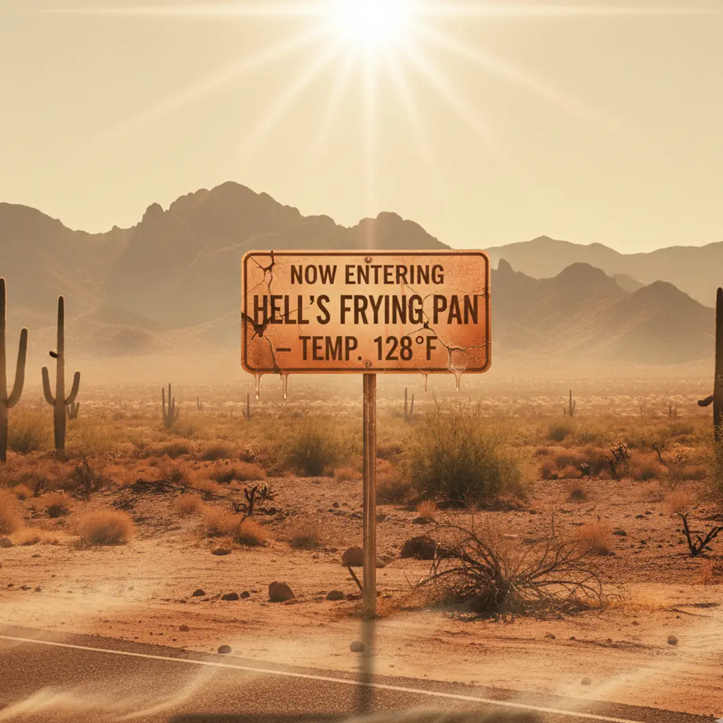 Desert road sign reading Hell’s Frying Pan, 128°F