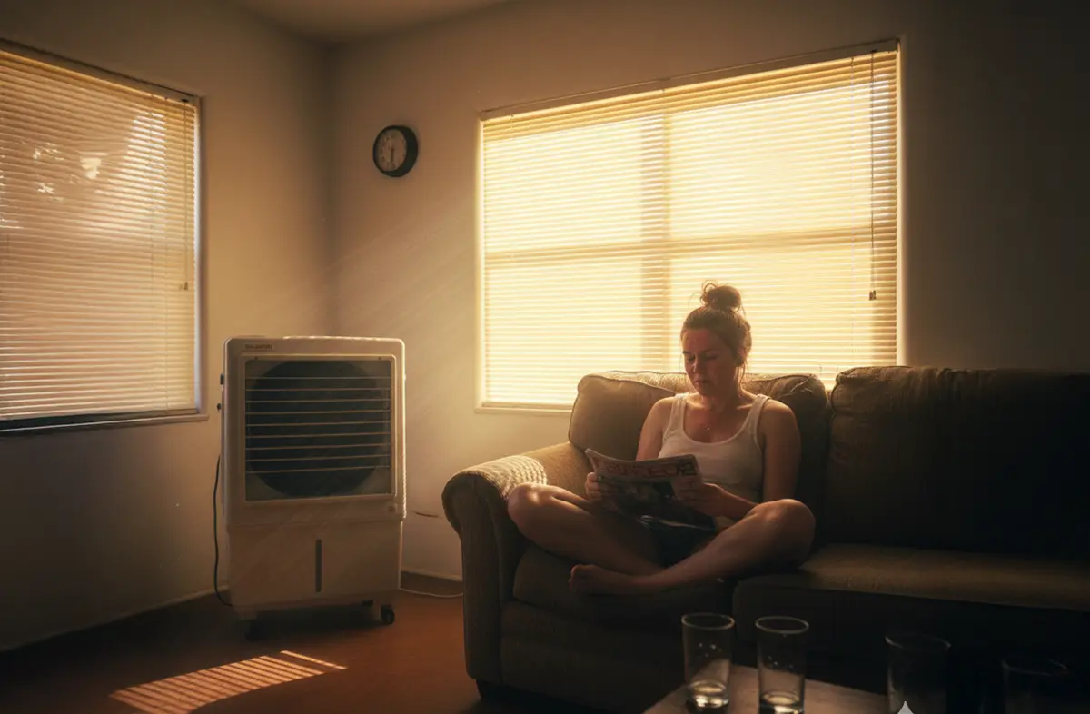 Homeowner in a hot living room with a portable cooler