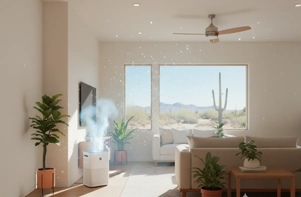 Air purifier running in a bright living room