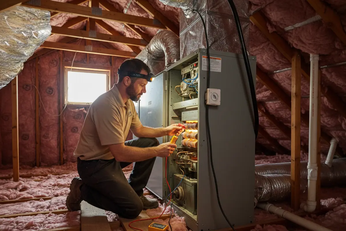 Technician servicing a home heating system