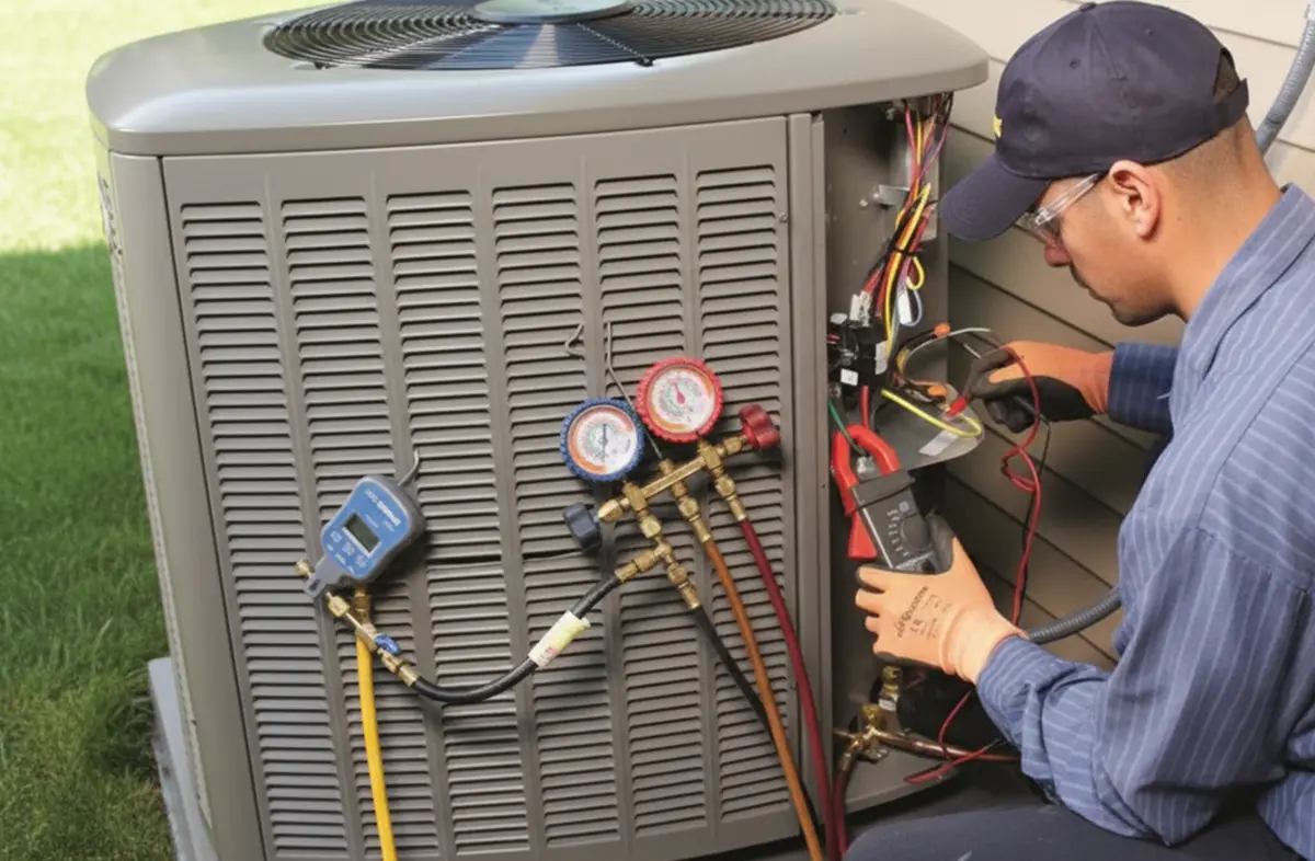 Technician performing seasonal HVAC maintenance