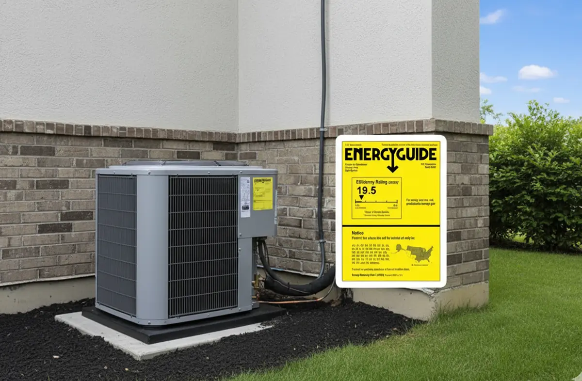AC condenser with an EnergyGuide efficiency label